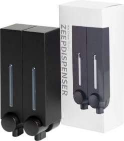 Aquathof, Zeepdispenser, Mat Zwart, 2 Kamer, 2 Reservoirs, 2x250ml - Hangend - Wandmontage -Badkamerartikelen Winkel 1055x1200