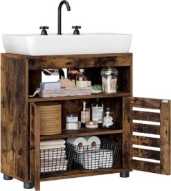 Nancy's Gaboury Badkamermeubel - Wastafelonderkast - Uitsparing - Open Vak - Openslaande Deuren - Industrieel - Bruin - Zwart - Bewerkt Hout - 60 X 30 X 63 Cm -Badkamerartikelen Winkel 1075x1200 2