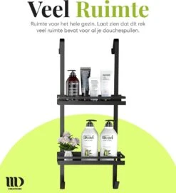 MD Creations ® – Doucherek Zonder Boren - Hangend Met Zuignappen Aan Douchewand – Douchebakje - Doucherek Haak - RVS - 74 X 25 X 10 Cm -Badkamerartikelen Winkel 1088x1200