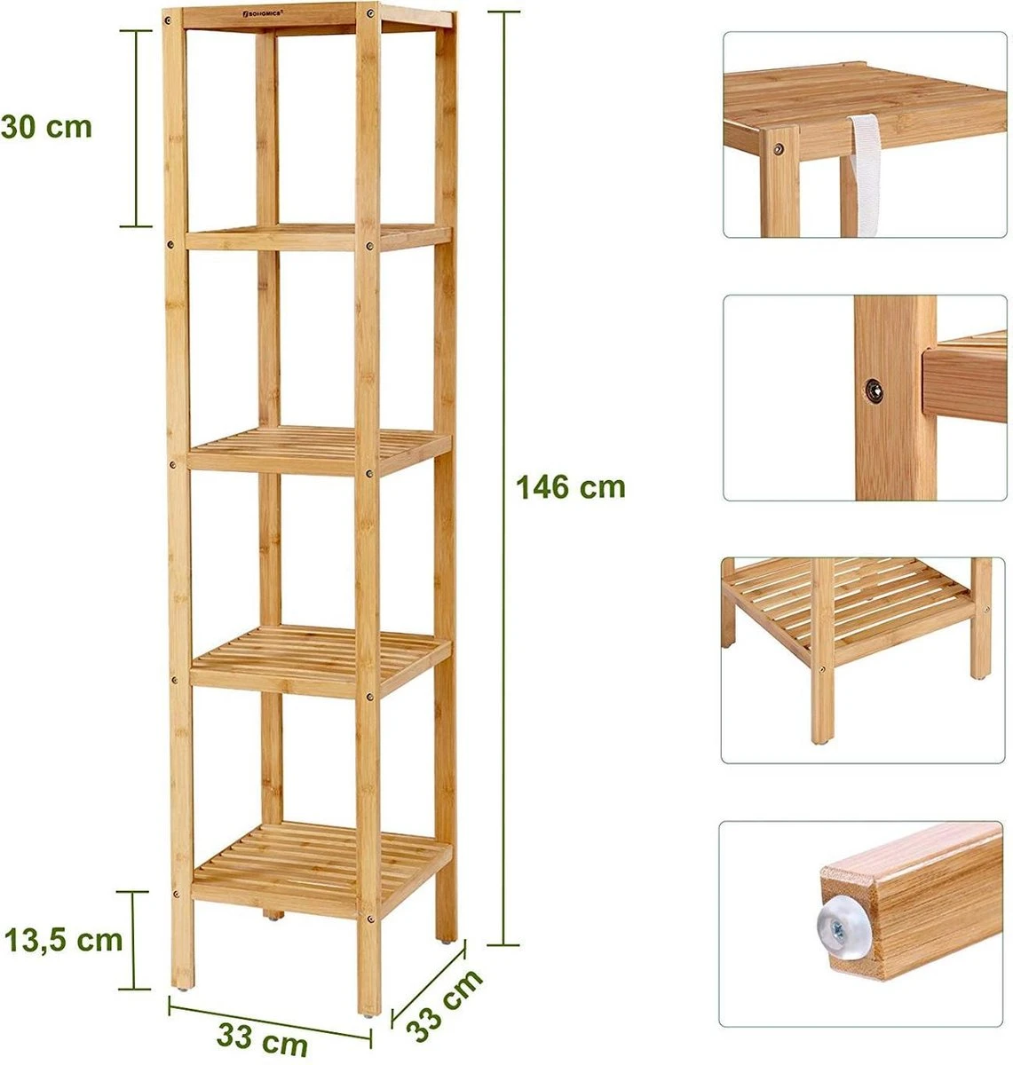 Songmics Bamboe Opbergrek - Smal - 5 Planken - Naturel 2 Songmics Bamboe Opbergrek - Smal - 5 Planken - Naturel - Afbeelding 2