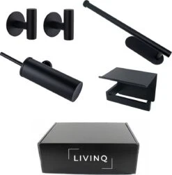 Toiletset Zwart 4-delig - Toiletaccessoireset - Toiletborstelhouder - Toiletrolhouder - Reserverolhouder - Handdoekhaakjes - RVS - Toilet Accessoires Set - Badkamer -Badkamerartikelen Winkel 1176x1200