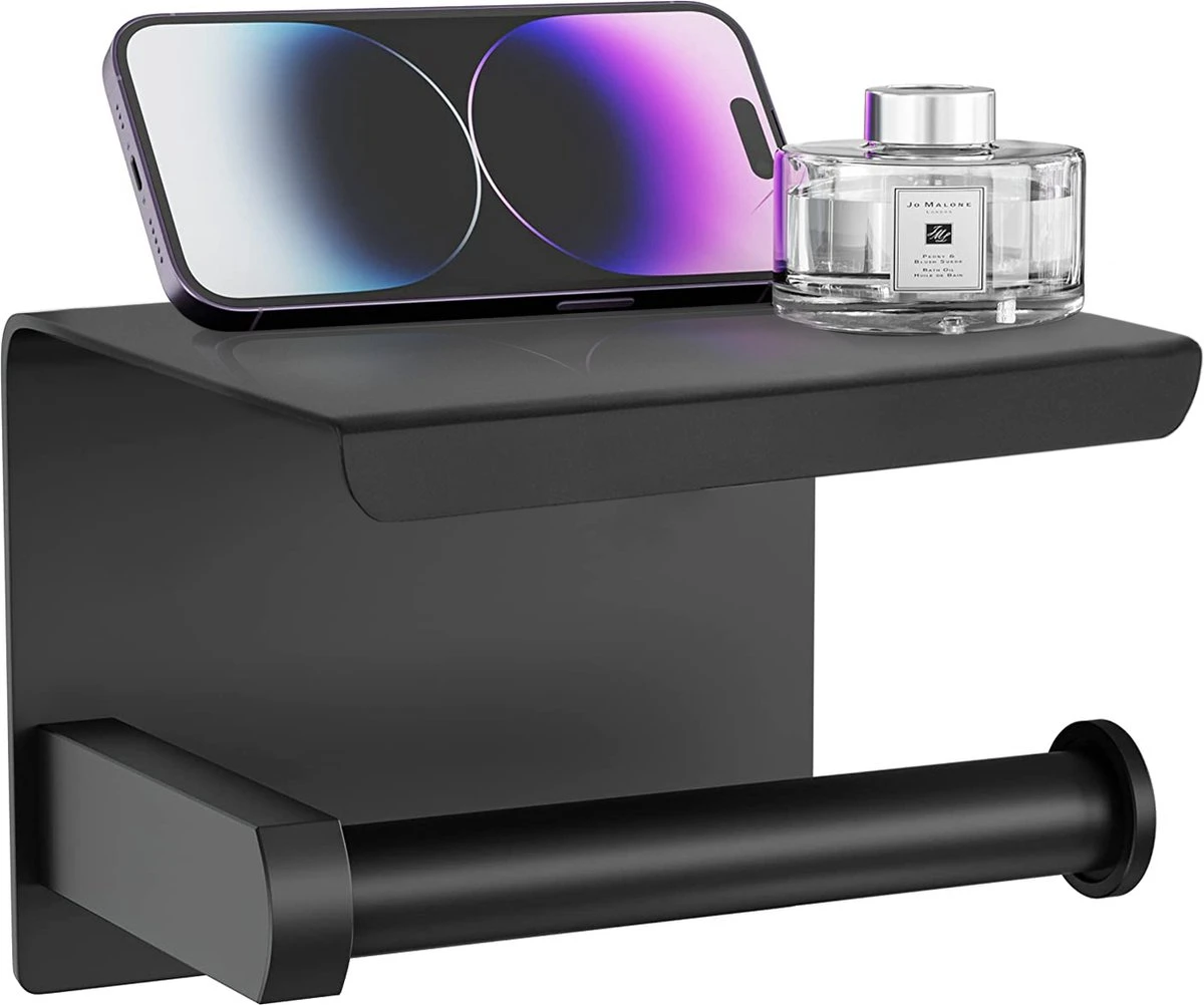 Strex WC Rolhouder Met Plankje - Zwart - Zelfklevend / Boren / Zonder Boren - Toiletrolhouder - WC Papier Houder 1 Strex WC Rolhouder Met Plankje - Zwart - Zelfklevend / Boren / Zonder Boren - Toiletrolhouder - WC Papier Houder