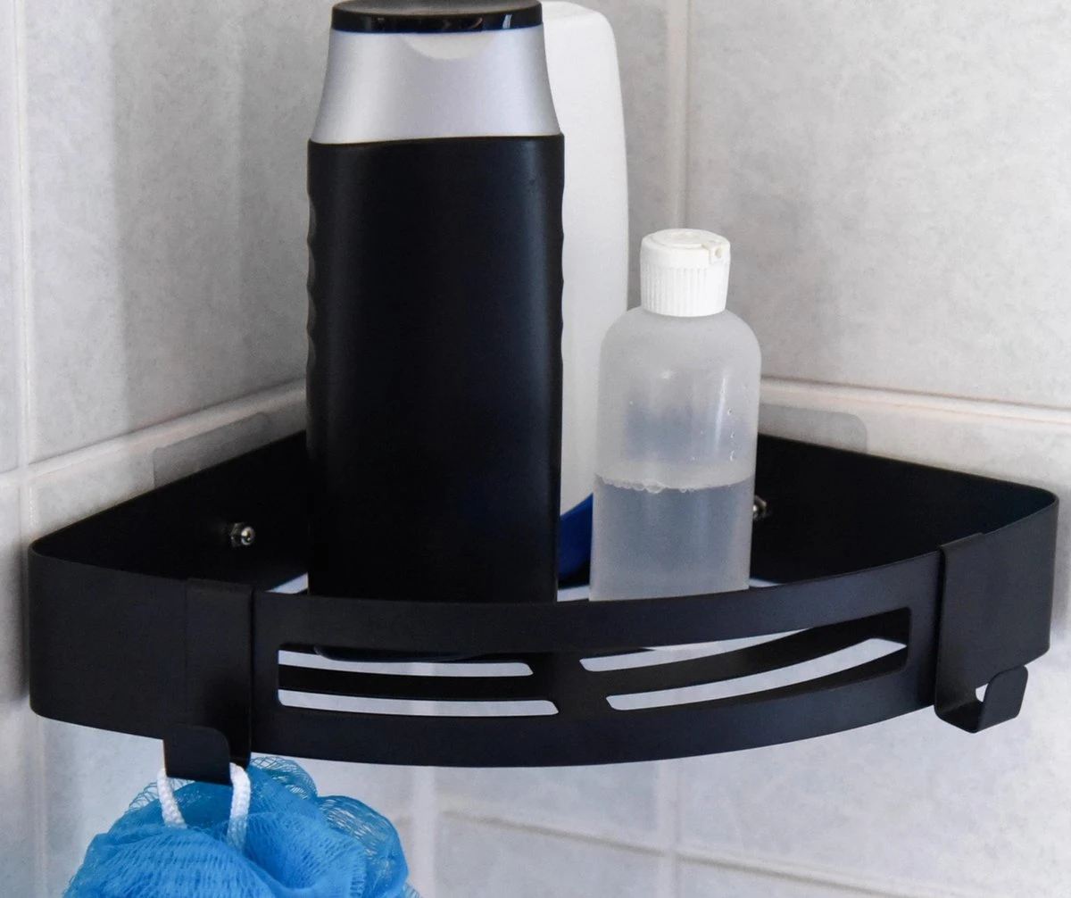 Doucherek Zonder Boren Badkamer Accessoires Zelfklevend | Douchemandje | Badrek | Douche Rek Zwart | Hoekrek Hangend | Blueplato® 1 Doucherek Zonder Boren Badkamer Accessoires Zelfklevend | Douchemandje | Badrek | Douche Rek Zwart | Hoekrek Hangend | Blueplato®