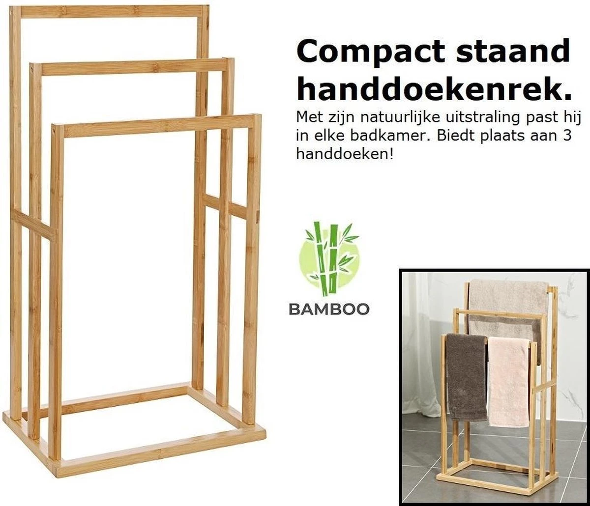 Merkloos Decopatent® Handdoekrek - Vrijstaand Handdoekenrek Voor In Badkamer - Handdoekrek - Bamboe Hout - Handdoek - Droogrek Met 3 Armen 8 Merkloos Decopatent® Handdoekrek - Vrijstaand Handdoekenrek Voor In Badkamer - Handdoekrek - Bamboe Hout - Handdoek - Droogrek Met 3 Armen - Afbeelding 8