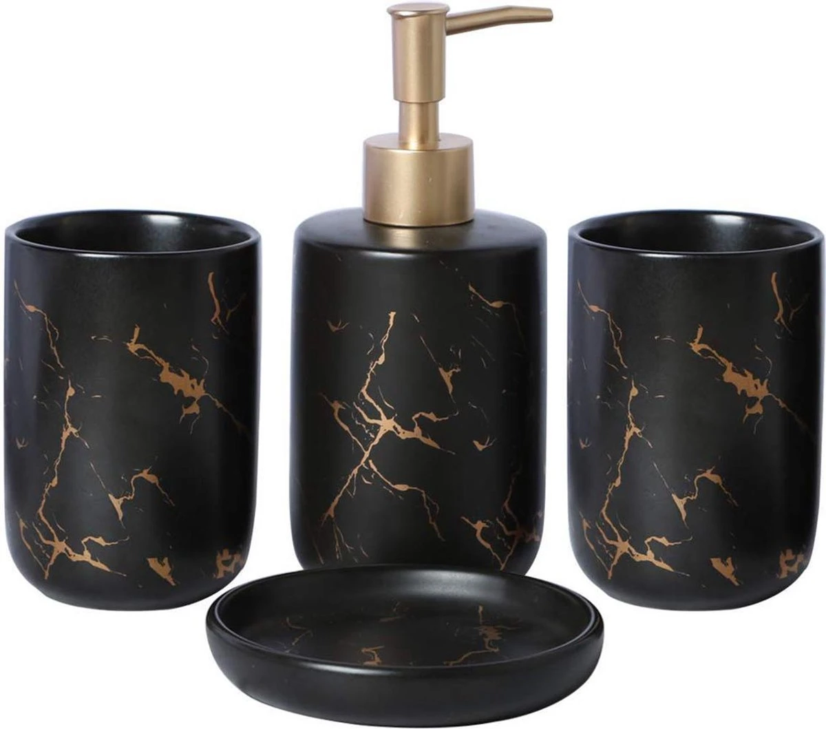 Badkamer Accessoires Set – Tandenborstelhouder –Zeeppompje Zeepbakje – Keramiek Met Marmer Design – Zwart 1 Badkamer Accessoires Set – Tandenborstelhouder –Zeeppompje Zeepbakje – Keramiek Met Marmer Design – Zwart