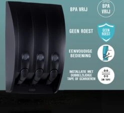 Aquathof, Zeepdispenser, Mat Zwart, 3 Kamer, 3 Reservoirs, 3x350ml, Hangend, Wandmontage -Badkamerartikelen Winkel 1200x1089