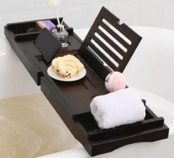 Merkloos Decopatent® Badplank - Uitschuifbaar 75 -> 110 Cm - Verstelbaar Bamboe Badrekje Voor In Bad - Boekenhouder - Tablethouder - Bruin -Badkamerartikelen Winkel 1200x1092 2