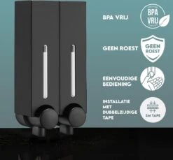 Aquathof, Zeepdispenser, Mat Zwart, 2 Kamer, 2 Reservoirs, 2x250ml - Hangend - Wandmontage -Badkamerartikelen Winkel 1200x1112 1