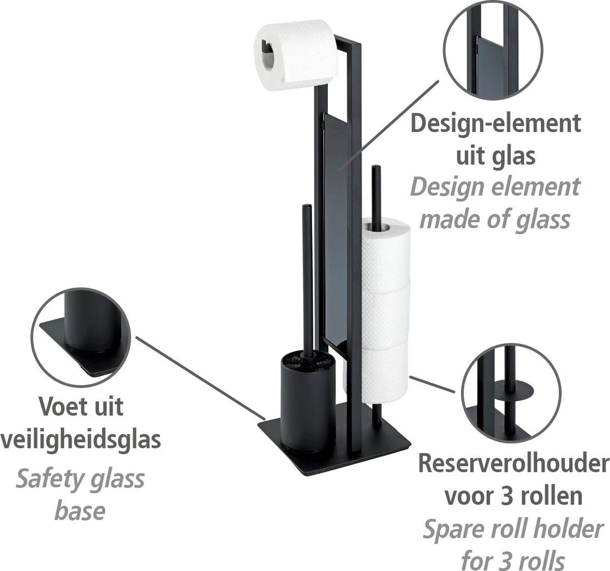 WENKO Toiletbutler Rivalta Zwart - Toiletborstel Met Houder, Toiletrolhouder En Reserverolhouder 6 WENKO Toiletbutler Rivalta Zwart - Toiletborstel Met Houder, Toiletrolhouder En Reserverolhouder - Afbeelding 6