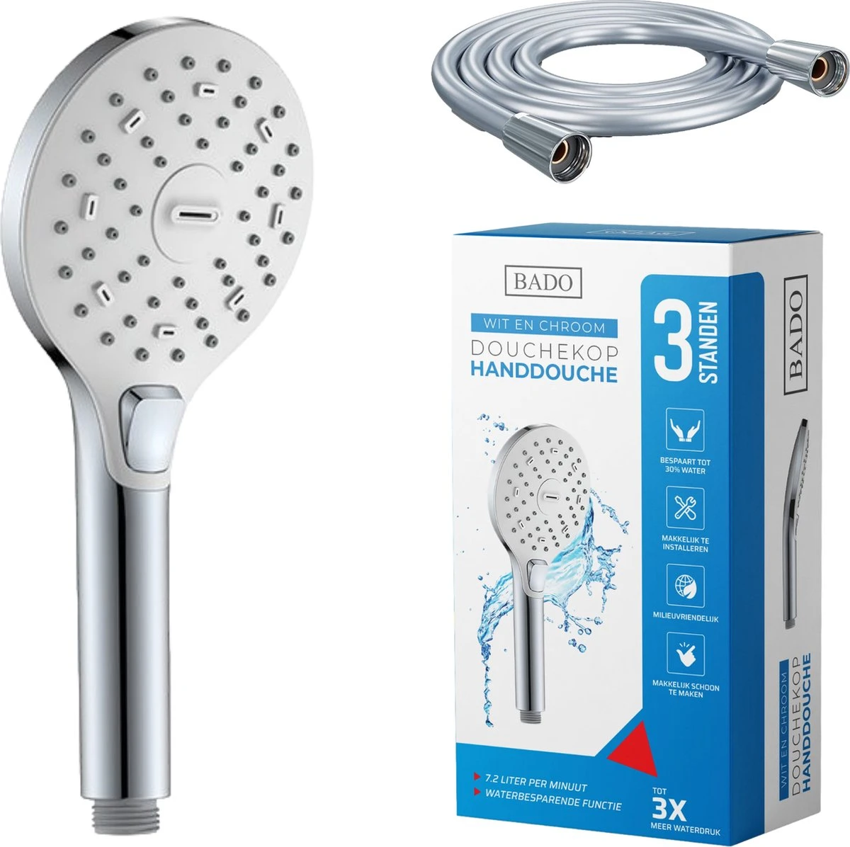 BADO Douchekop Met Slang - Handdouche - Douchekop - Waterbesparend - Doucheslang - Chroom 1 BADO Douchekop Met Slang - Handdouche - Douchekop - Waterbesparend - Doucheslang - Chroom