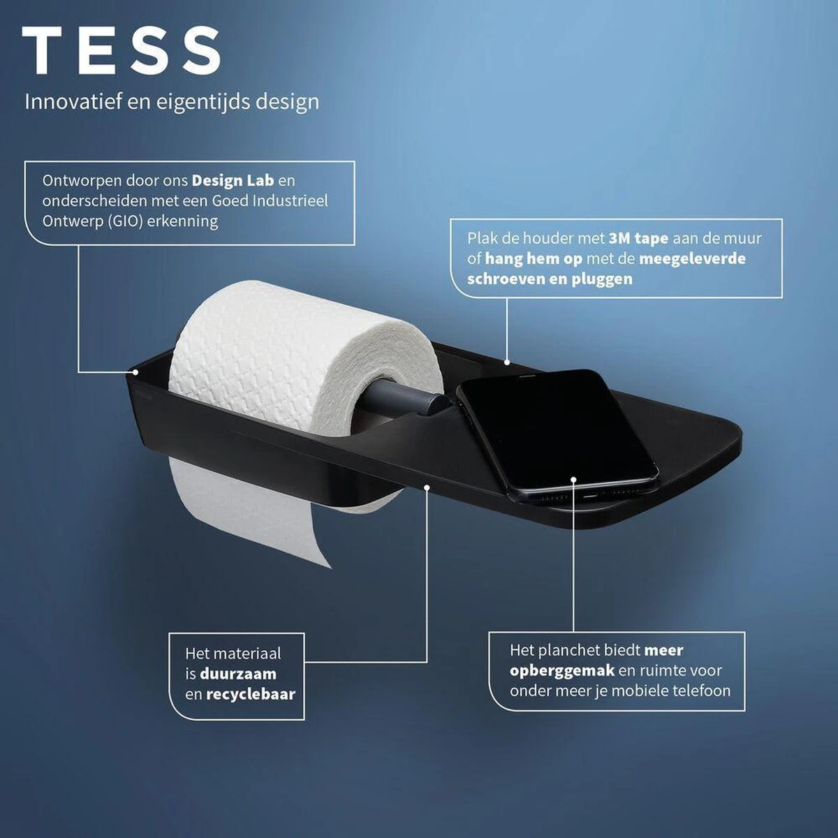 Tiger Tess - Toiletrolhouder Met Planchet - 32,1 Cm - Zwart / Antraciet 7 Tiger Tess - Toiletrolhouder Met Planchet - 32,1 Cm - Zwart / Antraciet - Afbeelding 7