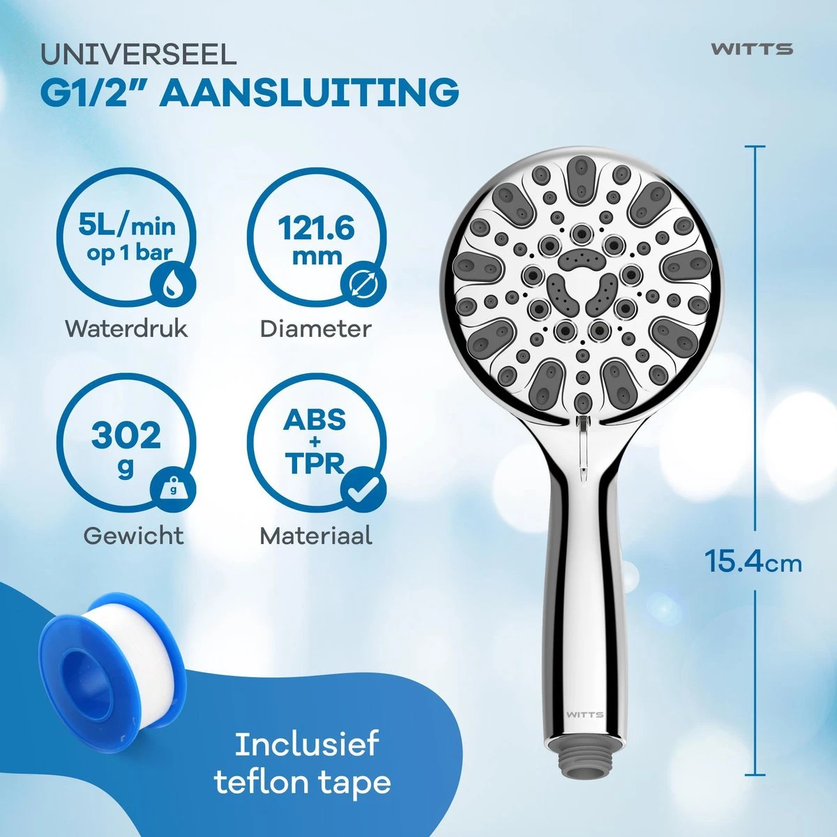 WITTS Douchekop - Waterbesparend - Hoge Kwaliteit - Handdouche ø 12cm - 6 Standen 2 WITTS Douchekop - Waterbesparend - Hoge Kwaliteit - Handdouche ø 12cm - 6 Standen - Afbeelding 2