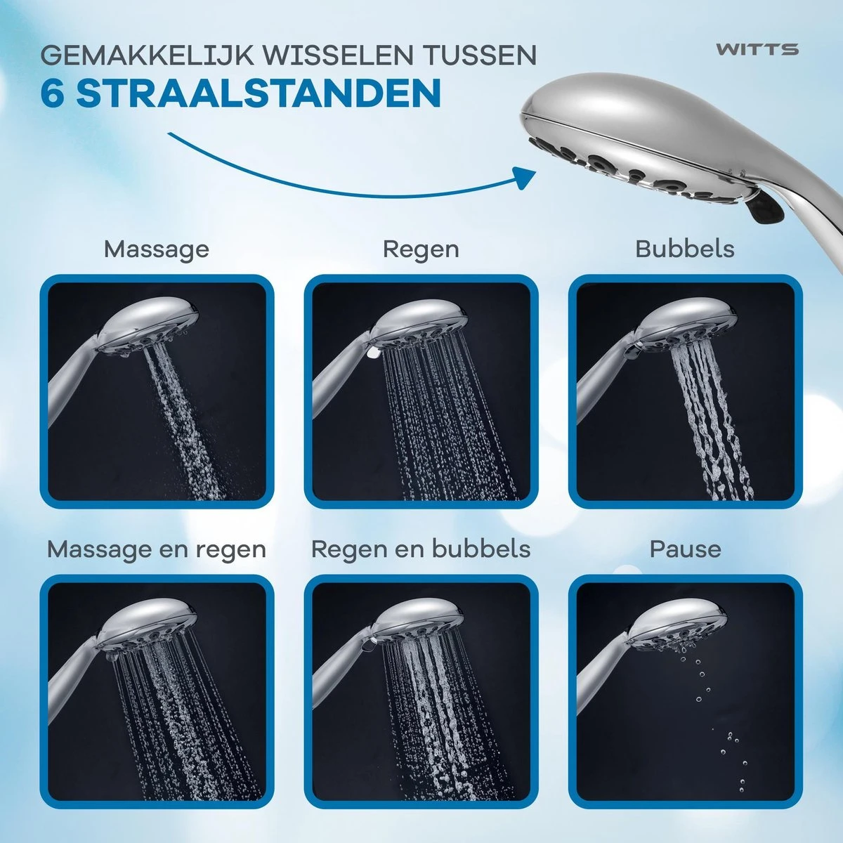 WITTS Douchekop - Waterbesparend - Hoge Kwaliteit - Handdouche ø 12cm - 6 Standen 3 WITTS Douchekop - Waterbesparend - Hoge Kwaliteit - Handdouche ø 12cm - 6 Standen - Afbeelding 3