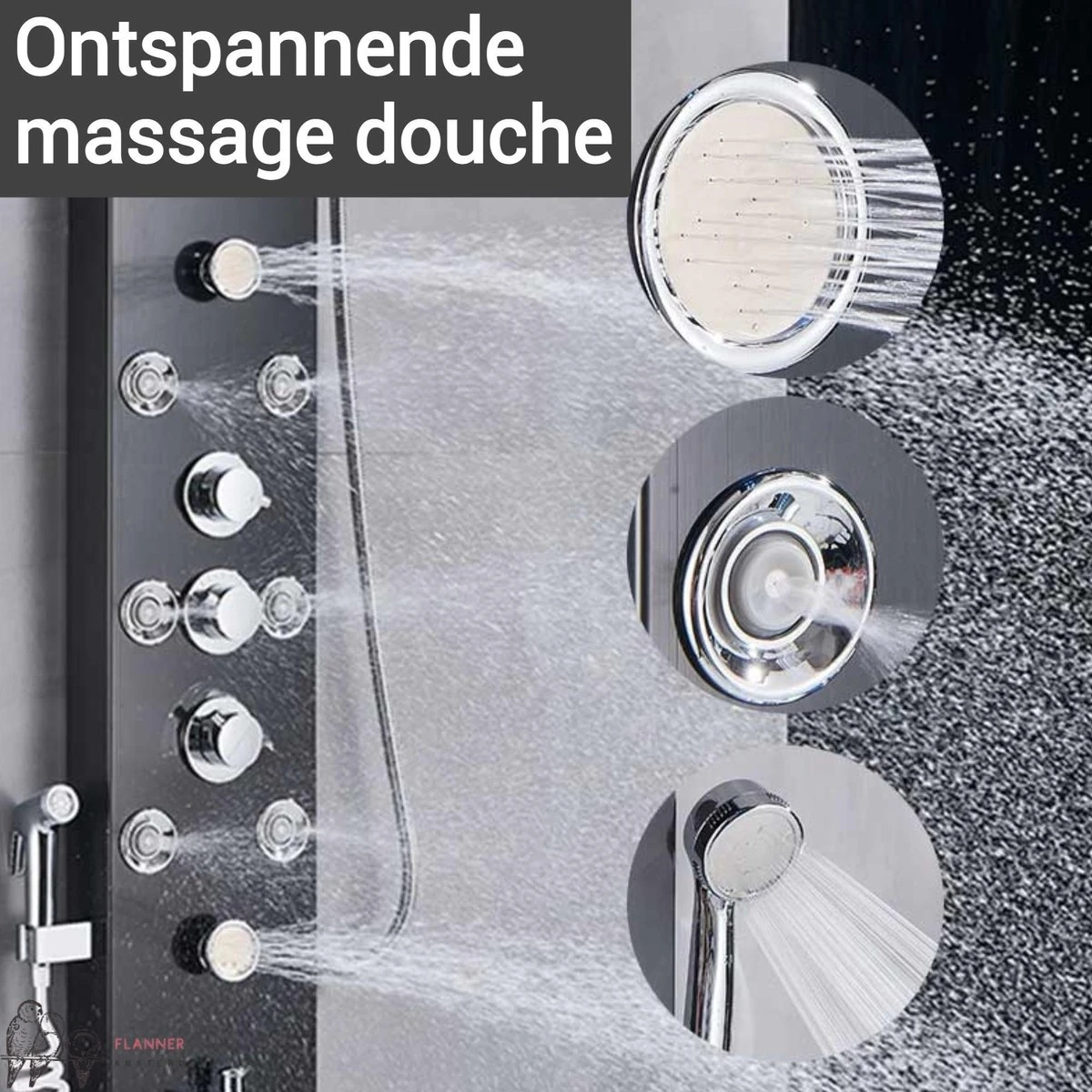 Douchepaneel Met Massage - Regendouche - Massage Jets - Waterval Douche - Met Thermostaatkraan En Handdouche - Zwart - Opbouw - Douchekop - Flanner® 3 Douchepaneel Met Massage - Regendouche - Massage Jets - Waterval Douche - Met Thermostaatkraan En Handdouche - Zwart - Opbouw - Douchekop - Flanner® - Afbeelding 3