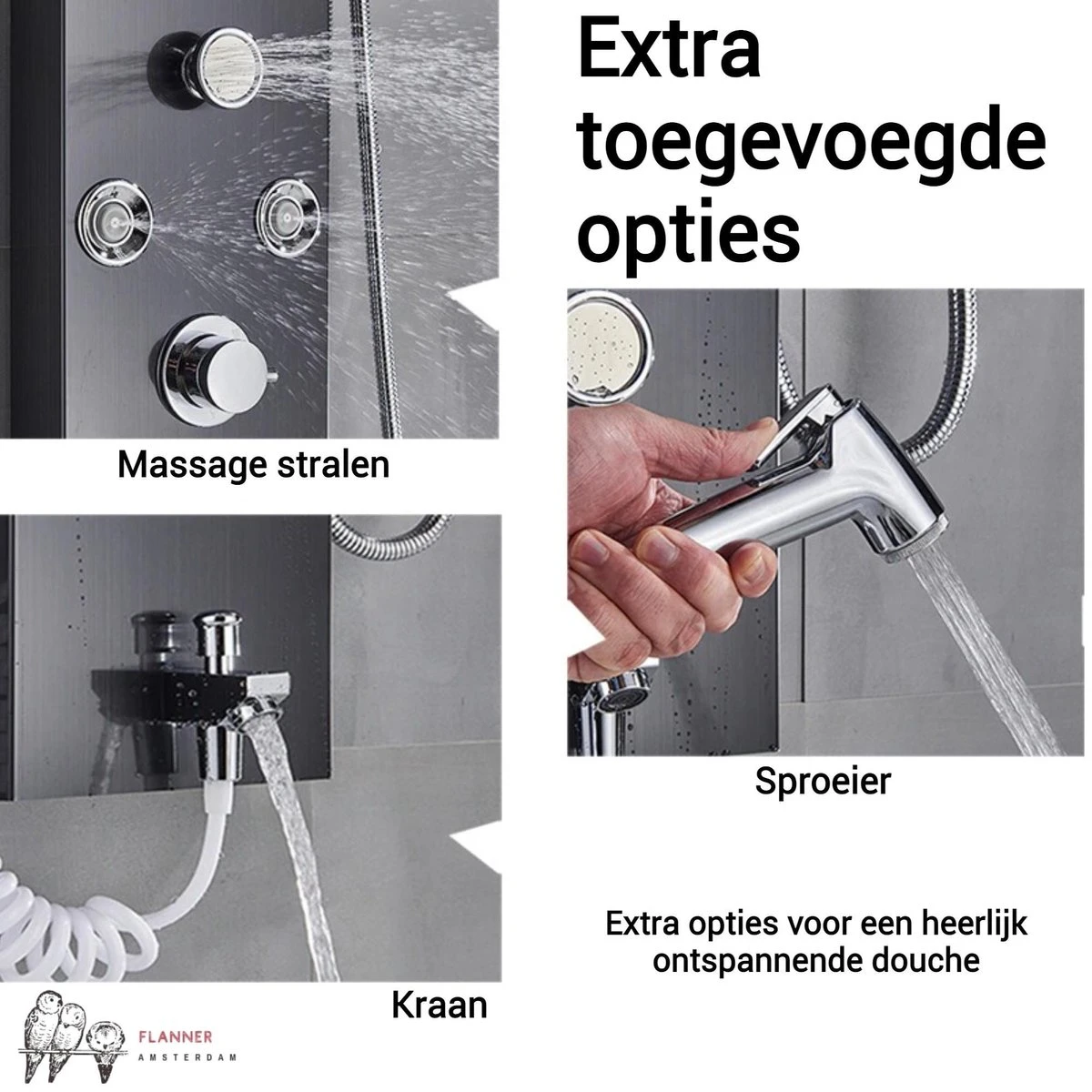 Douchepaneel Met Massage - Regendouche - Massage Jets - Waterval Douche - Met Thermostaatkraan En Handdouche - Zwart - Opbouw - Douchekop - Flanner® 7 Douchepaneel Met Massage - Regendouche - Massage Jets - Waterval Douche - Met Thermostaatkraan En Handdouche - Zwart - Opbouw - Douchekop - Flanner® - Afbeelding 7