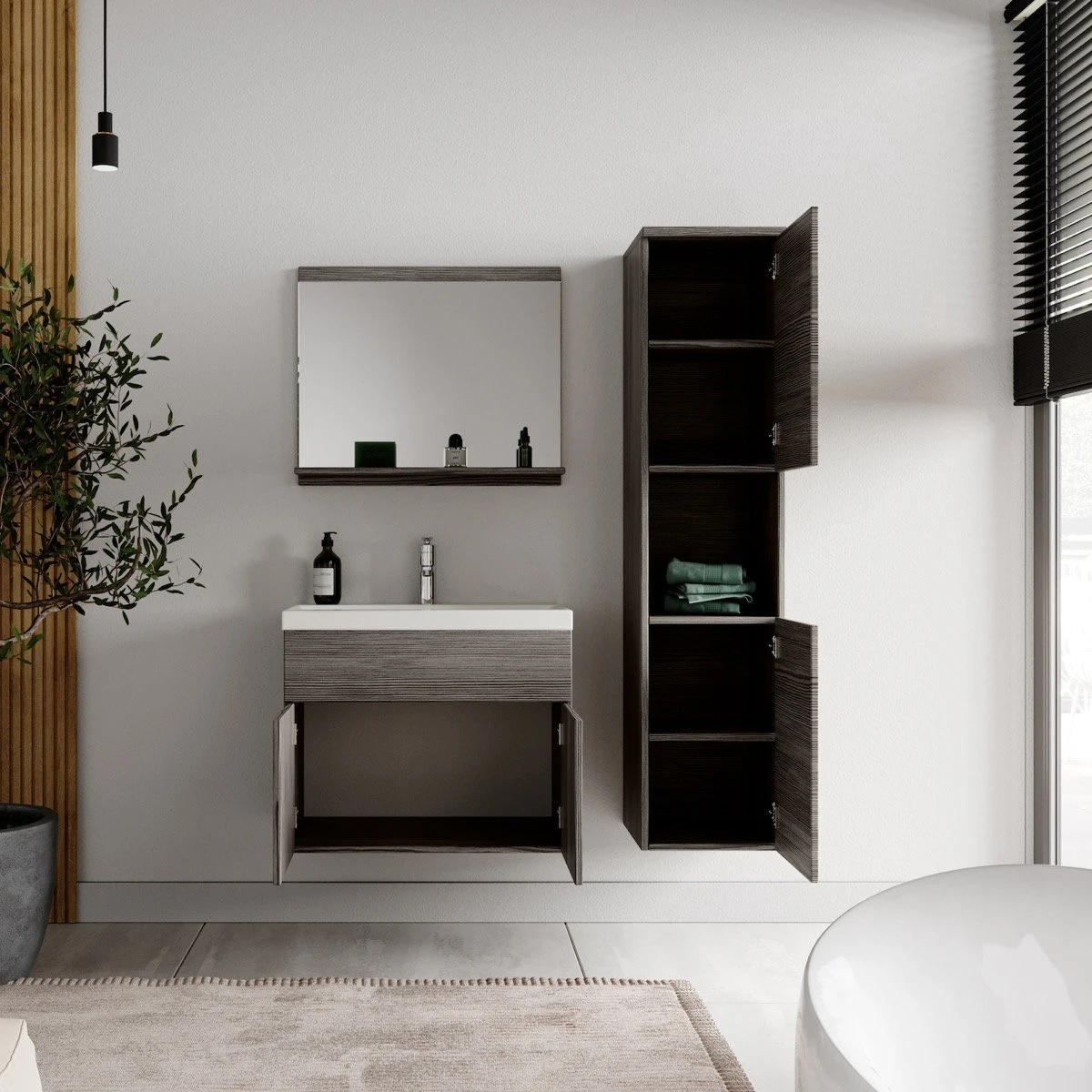 Badplaats Badkamermeubel Set Montreal 60 Cm X 35 Cm - Grijs Eiken - Badmeubel Met Spiegel En Zijkast 5 Badplaats Badkamermeubel Set Montreal 60 Cm X 35 Cm - Grijs Eiken - Badmeubel Met Spiegel En Zijkast - Afbeelding 5