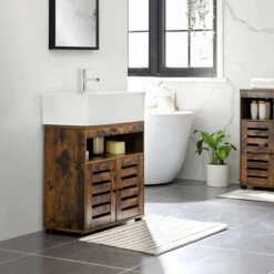 Nancy's Gaboury Badkamermeubel - Wastafelonderkast - Uitsparing - Open Vak - Openslaande Deuren - Industrieel - Bruin - Zwart - Bewerkt Hout - 60 X 30 X 63 Cm -Badkamerartikelen Winkel 1200x1200 1827