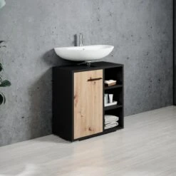 Badplaats Wastafel Onderkast Neptunus 60 Cm X 30 Cm X 60 Cm - Zwart Met Eiken - Badkamerkast – Staand Wastafelmeubel -Badkamerartikelen Winkel 1200x1200 1886