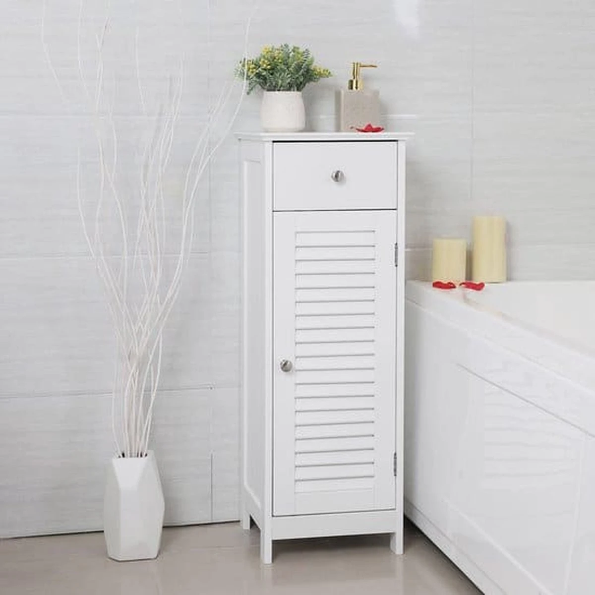 Songmics Badkamermeubel, Badkamermeubel, Zijkast, Nachtkastje Met Lade En Lamellaire Deur, Badkamer, Gang, Slaapkamer, 32 X 87 X 30 Cm, Wit BBC43WT 3 Songmics Badkamermeubel, Badkamermeubel, Zijkast, Nachtkastje Met Lade En Lamellaire Deur, Badkamer, Gang, Slaapkamer, 32 X 87 X 30 Cm, Wit BBC43WT - Afbeelding 3