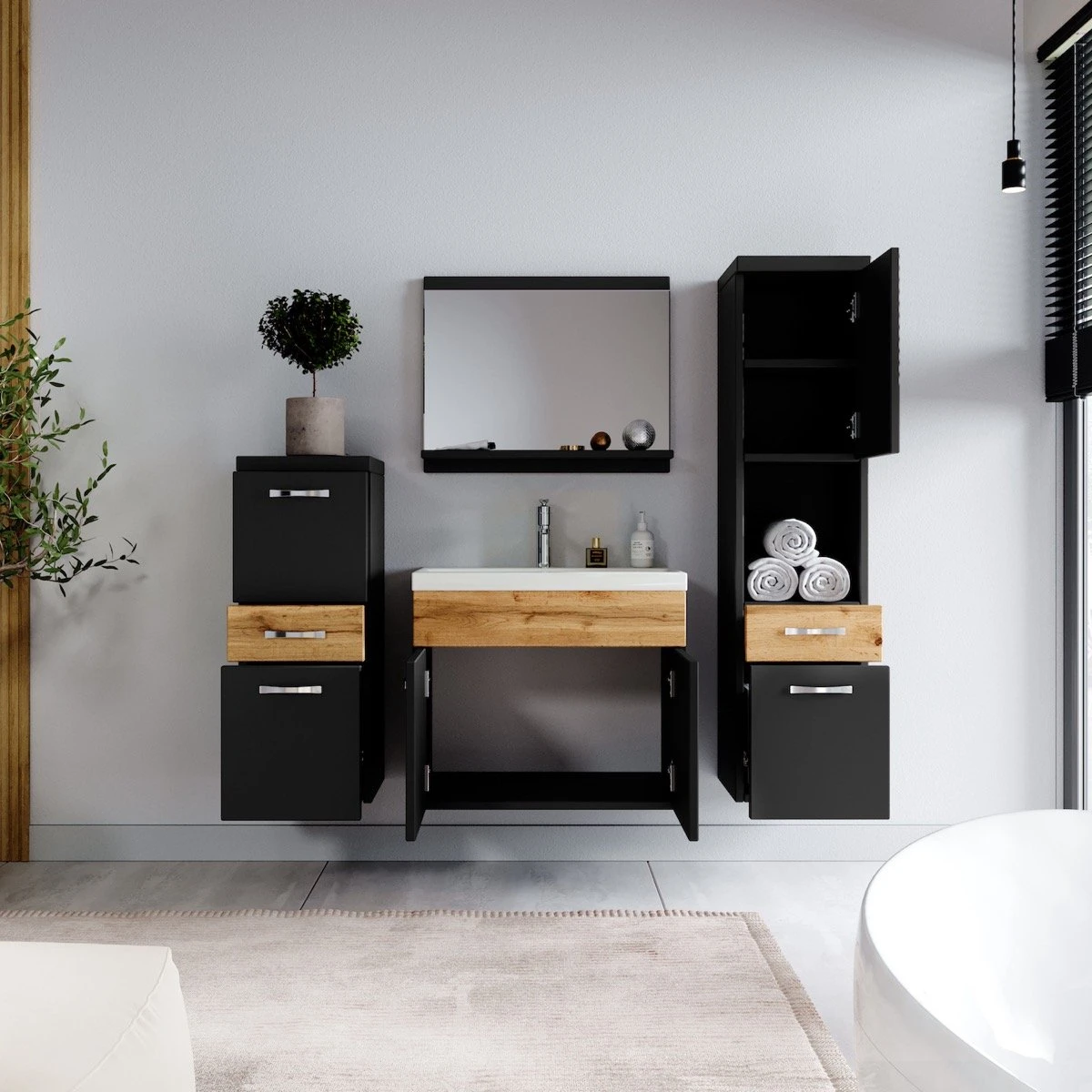 Badmeubelset Alba 60cm Zwart Met Eiken Compleet Badkamermeubel 6 Badmeubelset Alba 60cm Zwart Met Eiken Compleet Badkamermeubel - Afbeelding 6