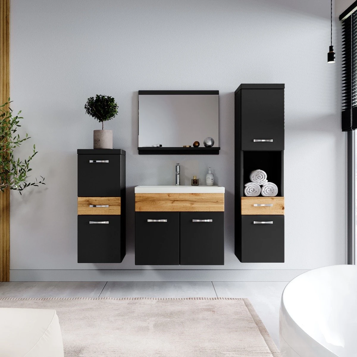 Badmeubelset Alba 60cm Zwart Met Eiken Compleet Badkamermeubel 7 Badmeubelset Alba 60cm Zwart Met Eiken Compleet Badkamermeubel - Afbeelding 7