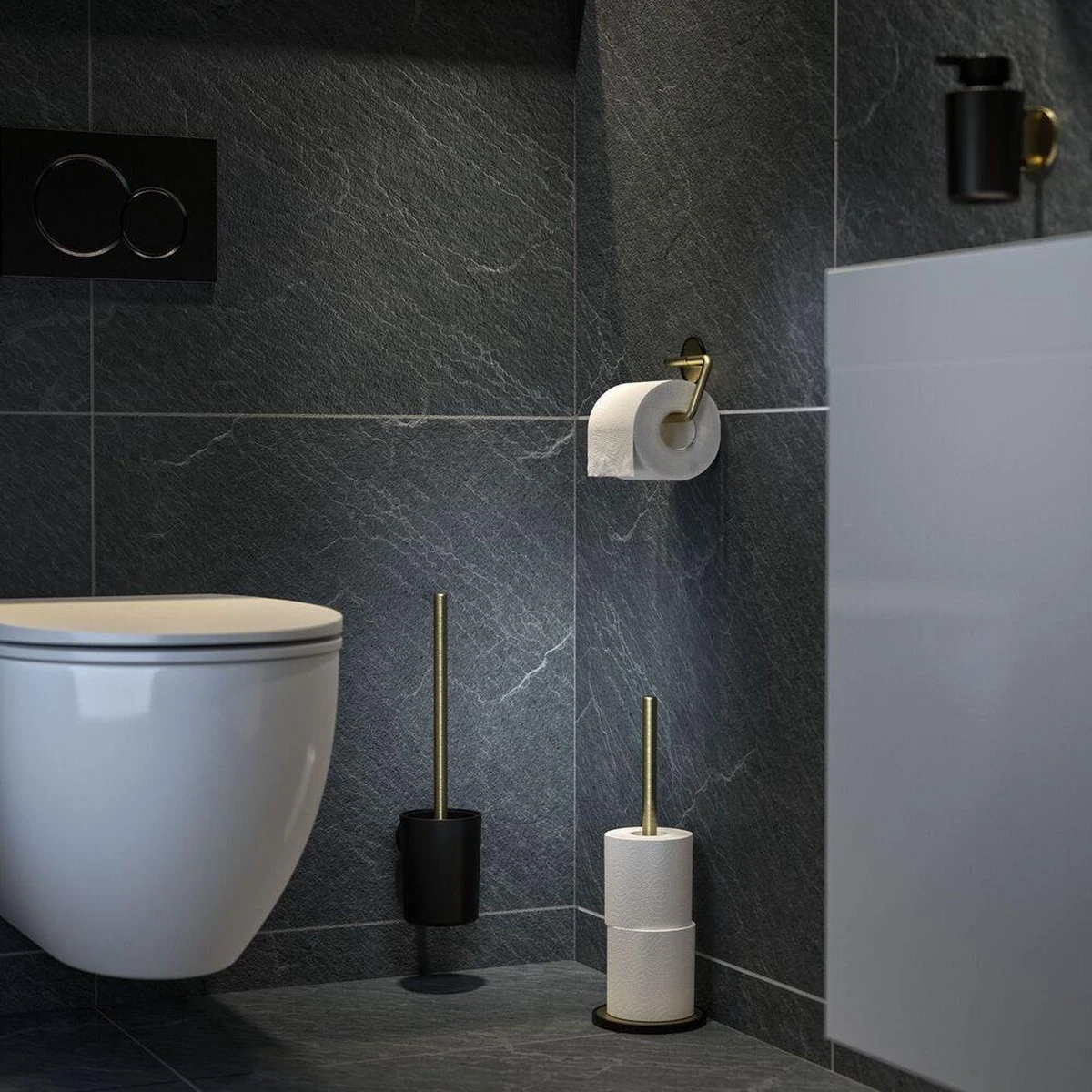 Tiger Tune - Toiletaccessoireset - Toiletborstel Met Houder - Toiletrolhouder Zonder Klep - Handdoekhaak – Messing Geborsteld / Zwart 8 Tiger Tune - Toiletaccessoireset - Toiletborstel Met Houder - Toiletrolhouder Zonder Klep - Handdoekhaak – Messing Geborsteld / Zwart - Afbeelding 8