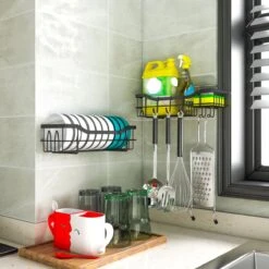 STRICX Doucherek 2 Laags Zwart - Zelfklevend Doucherek Inclusief 3 Ophanghaakjes - Doucherek Voor Badkamer / Keuken - Doucherek Met Plakstrip - Keukenrek Met Plakstrip - Badrek Douche - Kruidenrek Specerijen - Badkamerrek Douchemandje -Badkamerartikelen Winkel 1200x1200 532