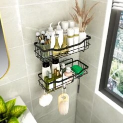 STRICX Doucherek 2 Laags Zwart - Zelfklevend Doucherek Inclusief 3 Ophanghaakjes - Doucherek Voor Badkamer / Keuken - Doucherek Met Plakstrip - Keukenrek Met Plakstrip - Badrek Douche - Kruidenrek Specerijen - Badkamerrek Douchemandje -Badkamerartikelen Winkel 1200x1200 534