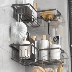 STRICX Doucherekhoek 2 Laags Zwart - Zonder Boren - Zelfklevend Doucherek - Doucherek - Doucherek Voor Badkamer/ Keuken - Doucherek Met Plakstrip - Keukenrek Met Plakstrip - Badrek Douche – Doucherek Hoekvorm - Badkamerrek Douchemandje -Badkamerartikelen Winkel 1200x1200 535