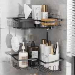 STRICX Doucherekhoek 2 Laags Zwart - Zonder Boren - Zelfklevend Doucherek - Doucherek - Doucherek Voor Badkamer/ Keuken - Doucherek Met Plakstrip - Keukenrek Met Plakstrip - Badrek Douche – Doucherek Hoekvorm - Badkamerrek Douchemandje -Badkamerartikelen Winkel 1200x1200 536