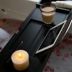 Merkloos Decopatent® Badplank - Uitschuifbaar 75 -> 110 Cm - Verstelbaar Bamboe Badrekje Voor In Bad - Boekenhouder - Tablethouder - Zwart -Badkamerartikelen Winkel 1200x1200 635