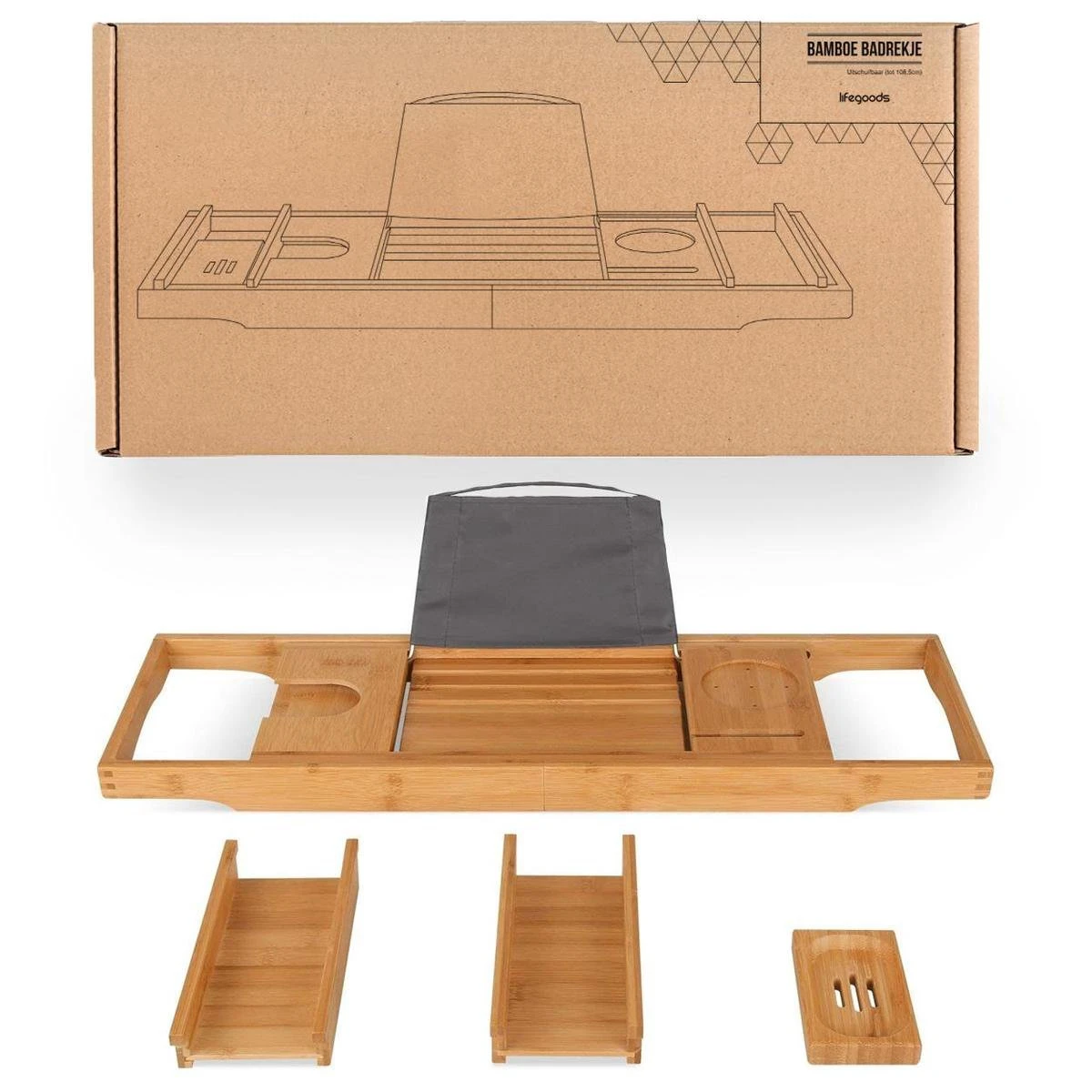 LifeGoods Badplank - Uitschuifbaar - Voor In Bad - 74.5 Tot 108.5 Cm - Met Houder - Hout 8 LifeGoods Badplank - Uitschuifbaar - Voor In Bad - 74.5 Tot 108.5 Cm - Met Houder - Hout - Afbeelding 8