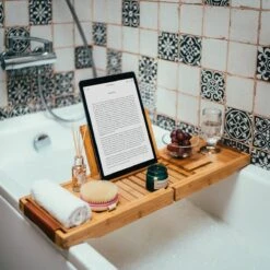 RelaxTub® Badplank - Badplank Voor In Bad - Badrek - Verstelbaar - Anti Slip - Badplank Bamboe - Badplank Hout - Badrekje Inclusief Boekenhouder, Tablethouder & Spiegel -Badkamerartikelen Winkel 1200x1200 654