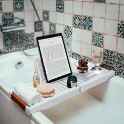 RelaxTub® Badplank - Badplank Voor In Bad - Badrek - Verstelbaar - Anti Slip - Badplank Wit - Badplank Hout - Badrekje Inclusief Boekenhouder, Tablethouder & Spiegel -Badkamerartikelen Winkel 1200x1200 663