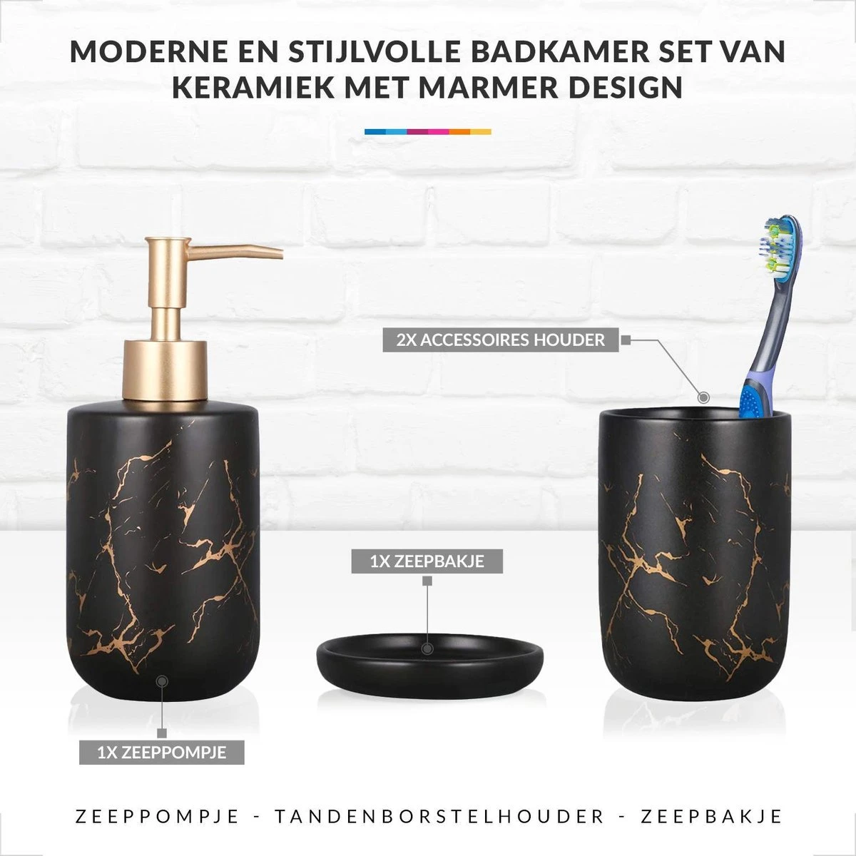 Badkamer Accessoires Set – Tandenborstelhouder –Zeeppompje Zeepbakje – Keramiek Met Marmer Design – Zwart 2 Badkamer Accessoires Set – Tandenborstelhouder –Zeeppompje Zeepbakje – Keramiek Met Marmer Design – Zwart - Afbeelding 2
