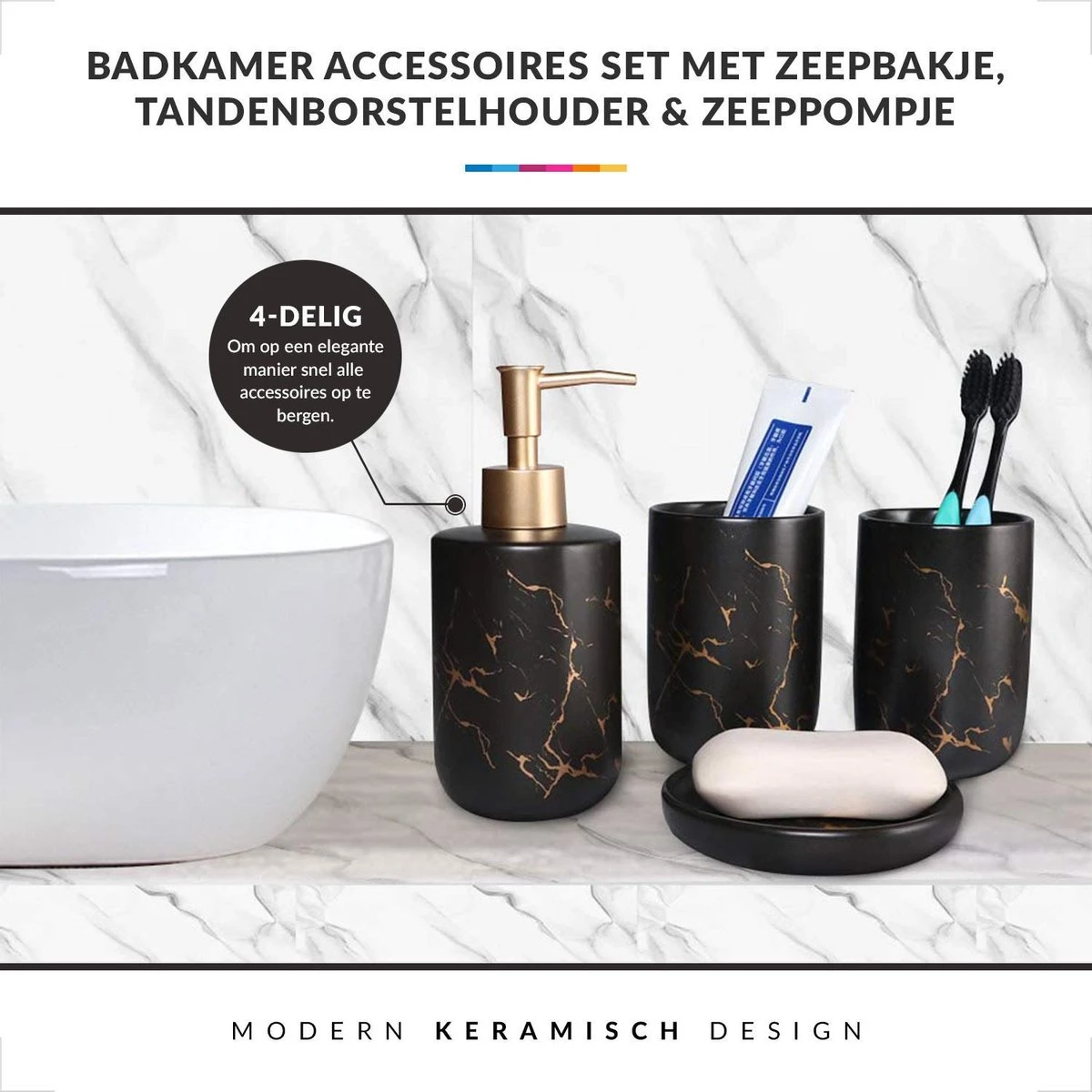 Badkamer Accessoires Set – Tandenborstelhouder –Zeeppompje Zeepbakje – Keramiek Met Marmer Design – Zwart 3 Badkamer Accessoires Set – Tandenborstelhouder –Zeeppompje Zeepbakje – Keramiek Met Marmer Design – Zwart - Afbeelding 3