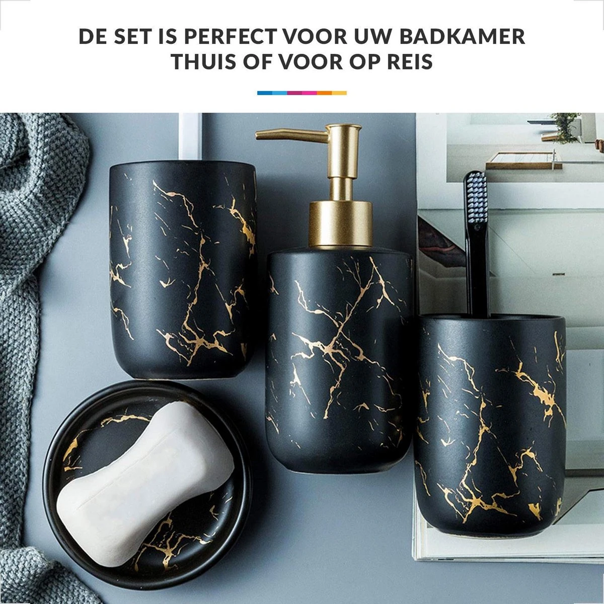 Badkamer Accessoires Set – Tandenborstelhouder –Zeeppompje Zeepbakje – Keramiek Met Marmer Design – Zwart 6 Badkamer Accessoires Set – Tandenborstelhouder –Zeeppompje Zeepbakje – Keramiek Met Marmer Design – Zwart - Afbeelding 6