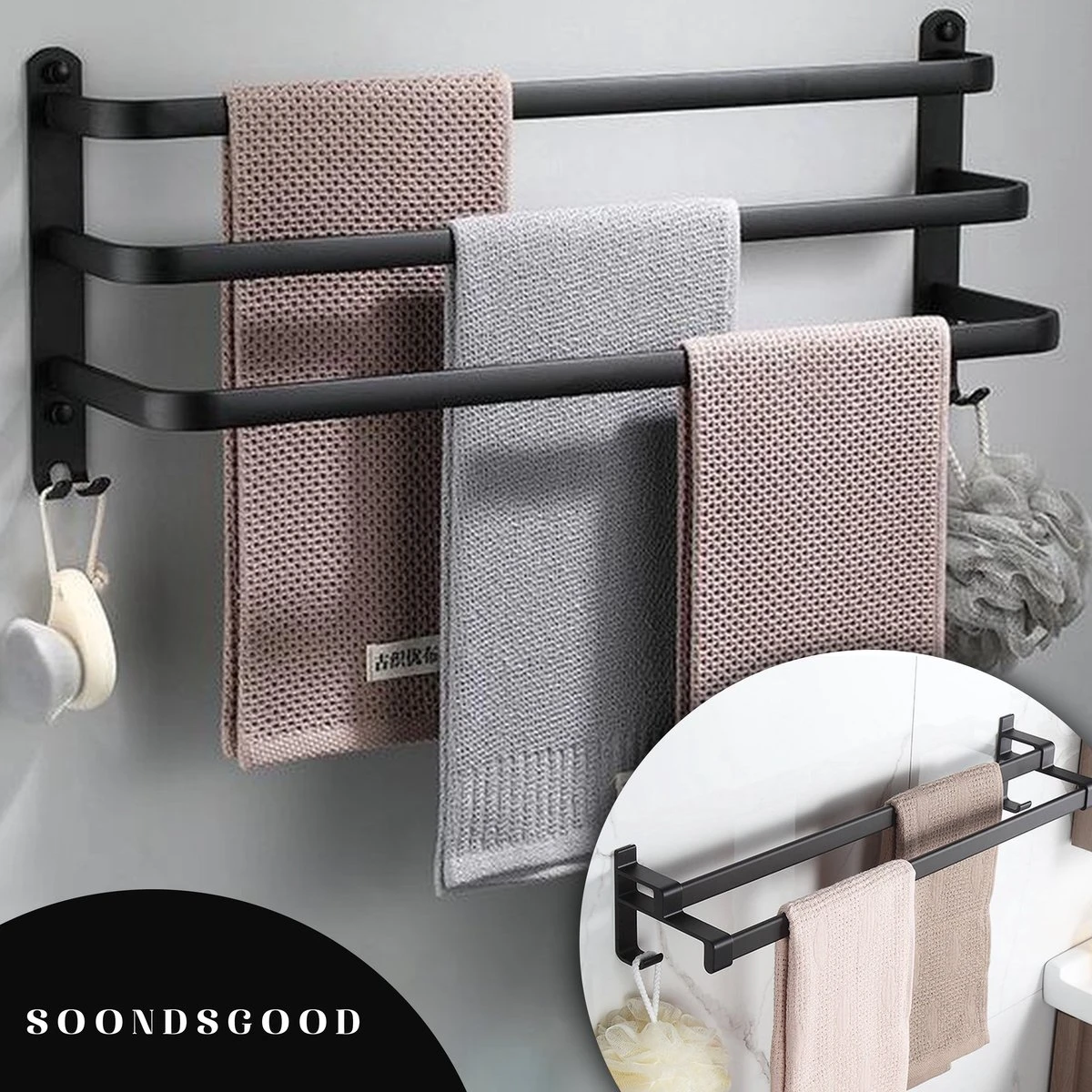 Merkloos Soondsgood Luxe 3 Laags Handdoekrek - Zelfklevend Of Boren - Zwart - Eenvoudige Installatie - Badkamer - Handdoekenrek - Handdoekhouder - 30x14x25cm 6 Merkloos Soondsgood Luxe 3 Laags Handdoekrek - Zelfklevend Of Boren - Zwart - Eenvoudige Installatie - Badkamer - Handdoekenrek - Handdoekhouder - 30x14x25cm - Afbeelding 6