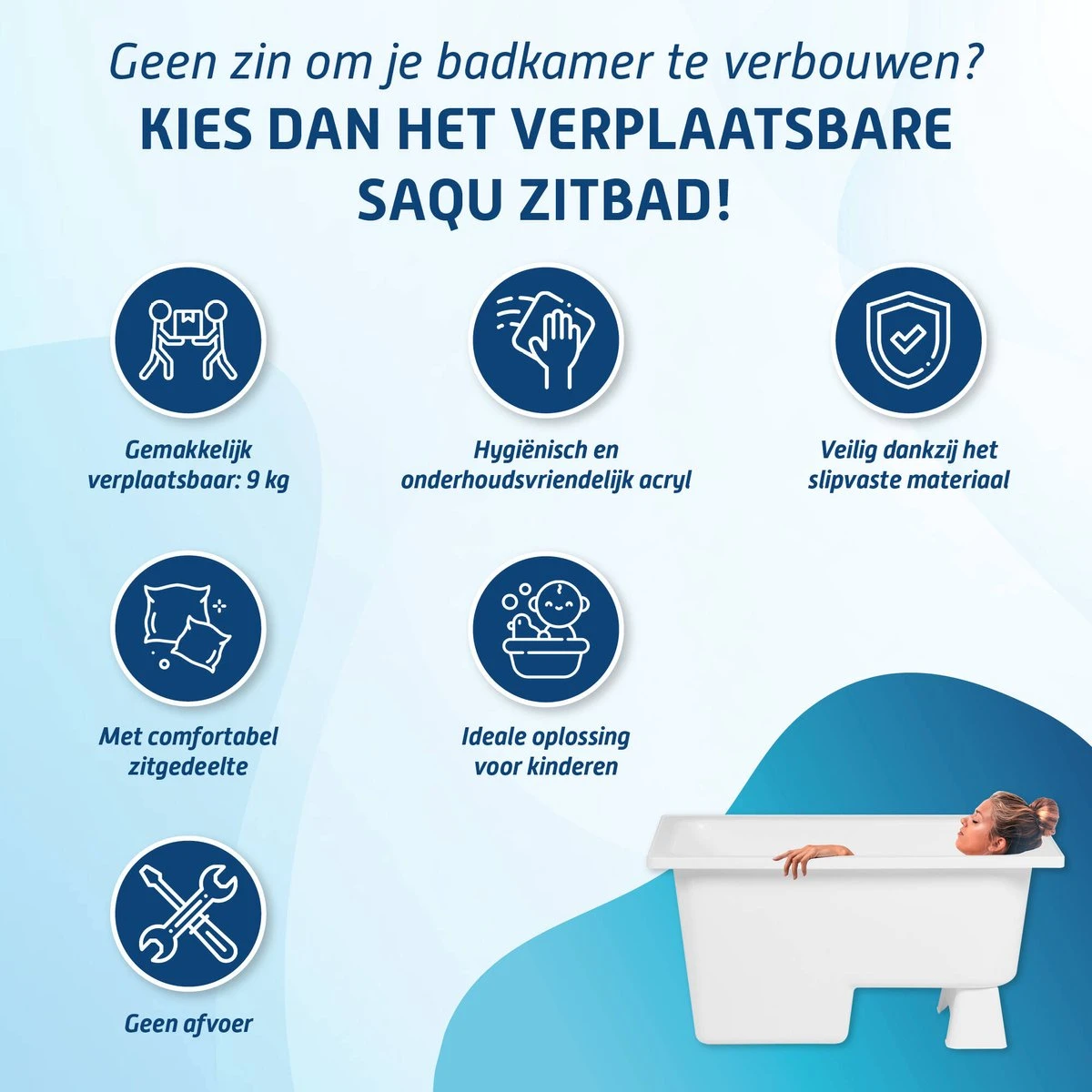 Saqu Zitbad - Mobiel Bad - 103x65cm - Wit - Incl Bijbehorende Poot En Zonder Afvoer 4 Saqu Zitbad - Mobiel Bad - 103x65cm - Wit - Incl Bijbehorende Poot En Zonder Afvoer - Afbeelding 4