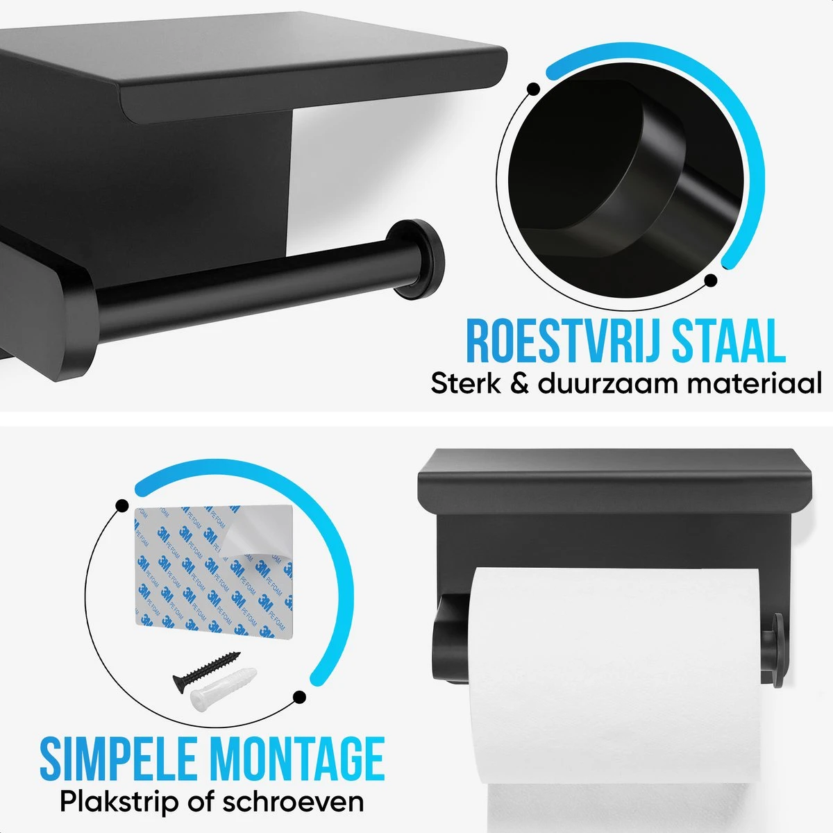 Strex WC Rolhouder Met Plankje - Zwart - Zelfklevend / Boren / Zonder Boren - Toiletrolhouder - WC Papier Houder 2 Strex WC Rolhouder Met Plankje - Zwart - Zelfklevend / Boren / Zonder Boren - Toiletrolhouder - WC Papier Houder - Afbeelding 2