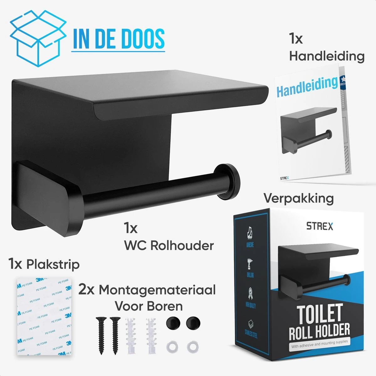Strex WC Rolhouder Met Plankje - Zwart - Zelfklevend / Boren / Zonder Boren - Toiletrolhouder - WC Papier Houder 8 Strex WC Rolhouder Met Plankje - Zwart - Zelfklevend / Boren / Zonder Boren - Toiletrolhouder - WC Papier Houder - Afbeelding 8