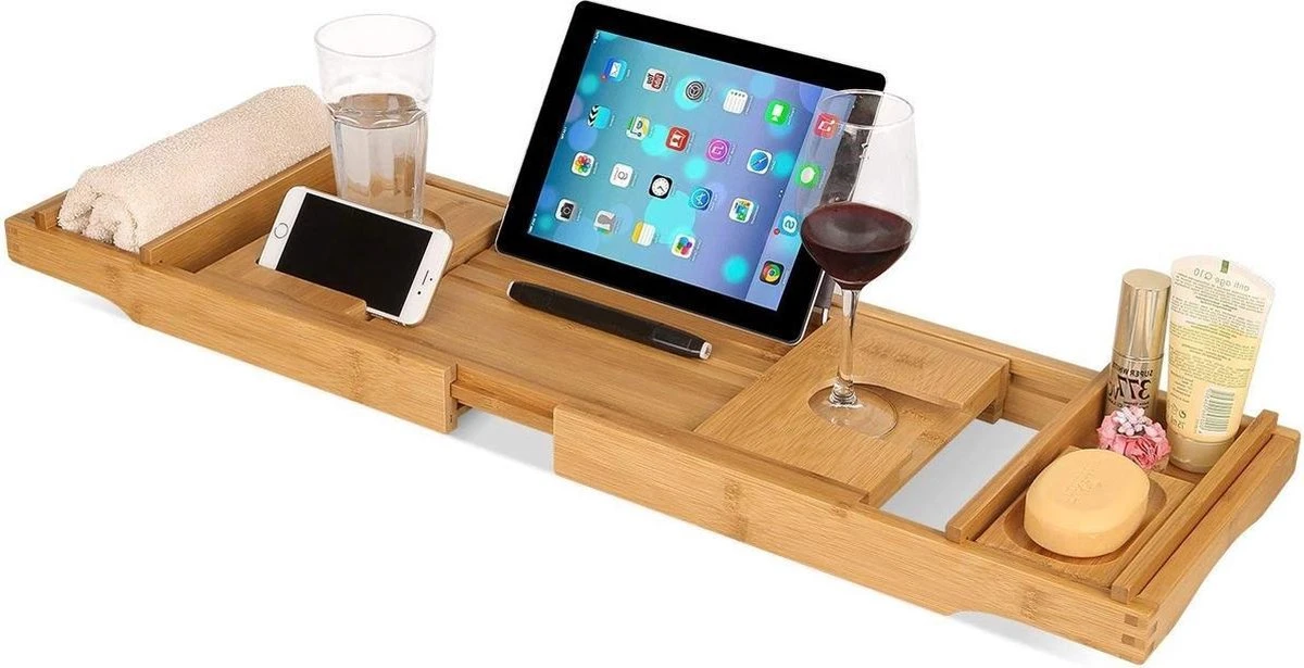 LifeGoods Badplank - Uitschuifbaar - Voor In Bad - 74.5 Tot 108.5 Cm - Met Houder - Hout 1 LifeGoods Badplank - Uitschuifbaar - Voor In Bad - 74.5 Tot 108.5 Cm - Met Houder - Hout