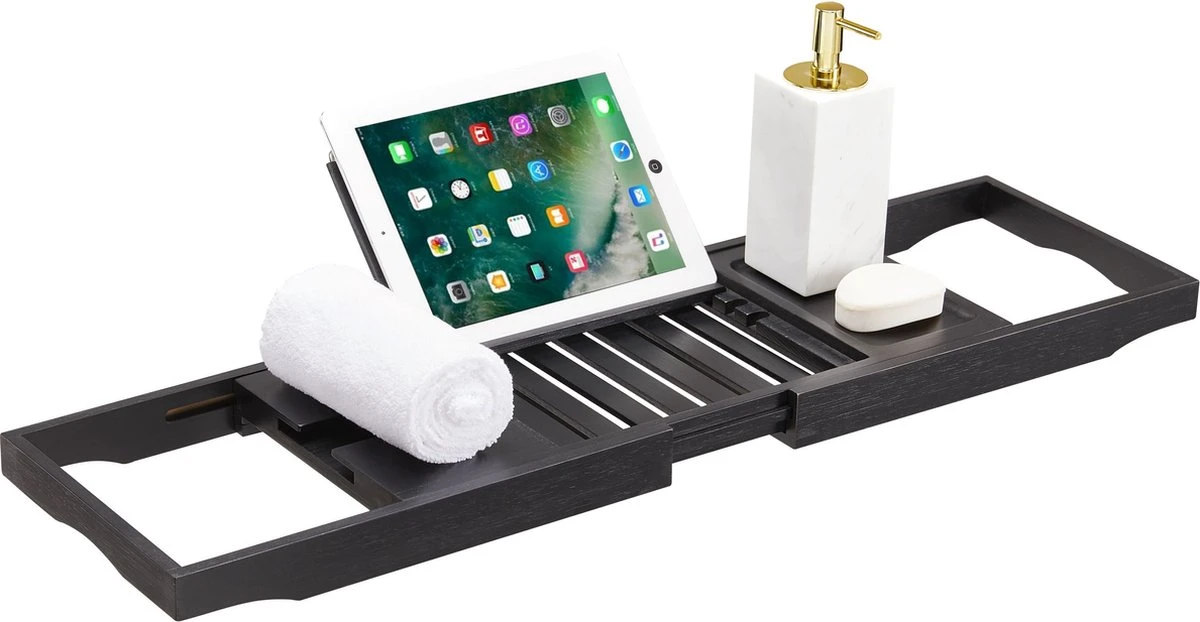 ACAZA Badrekje - Uitschuifbare Bamboe Bad Brug (Min 70 Cm - Max 105cm) - Verstelbare Plank Voor In Bad Met Tablet Houder - Zwart 3 ACAZA Badrekje - Uitschuifbare Bamboe Bad Brug (Min 70 Cm - Max 105cm) - Verstelbare Plank Voor In Bad Met Tablet Houder - Zwart - Afbeelding 3