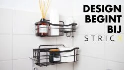 STRICX Doucherek 2 Laags Zwart - Zelfklevend Doucherek Inclusief 3 Ophanghaakjes - Doucherek Voor Badkamer / Keuken - Doucherek Met Plakstrip - Keukenrek Met Plakstrip - Badrek Douche - Kruidenrek Specerijen - Badkamerrek Douchemandje -Badkamerartikelen Winkel 1200x675 3