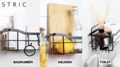 STRICX Doucherek 2 Laags Zwart - Zelfklevend Doucherek Inclusief 3 Ophanghaakjes - Doucherek Voor Badkamer / Keuken - Doucherek Met Plakstrip - Keukenrek Met Plakstrip - Badrek Douche - Kruidenrek Specerijen - Badkamerrek Douchemandje -Badkamerartikelen Winkel 1200x675 4