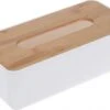 Merkloos Tissuedoos/tissuebox Rechthoekig Van Kunststof Met Bovenkant Van Bamboe Hout 26 X 13 Cm Wit
