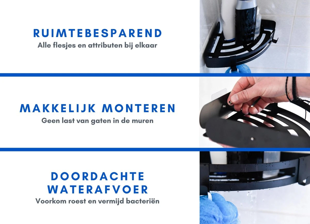 Doucherek Zonder Boren Badkamer Accessoires Zelfklevend | Douchemandje | Badrek | Douche Rek Zwart | Hoekrek Hangend | Blueplato® 5 Doucherek Zonder Boren Badkamer Accessoires Zelfklevend | Douchemandje | Badrek | Douche Rek Zwart | Hoekrek Hangend | Blueplato® - Afbeelding 5