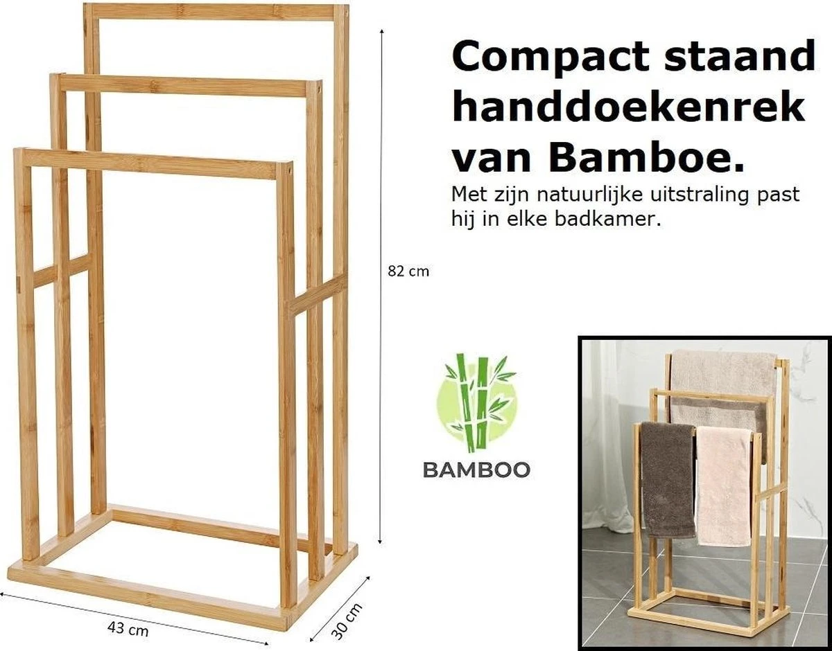 Merkloos Decopatent® Handdoekrek - Vrijstaand Handdoekenrek Voor In Badkamer - Handdoekrek - Bamboe Hout - Handdoek - Droogrek Met 3 Armen 5 Merkloos Decopatent® Handdoekrek - Vrijstaand Handdoekenrek Voor In Badkamer - Handdoekrek - Bamboe Hout - Handdoek - Droogrek Met 3 Armen - Afbeelding 5