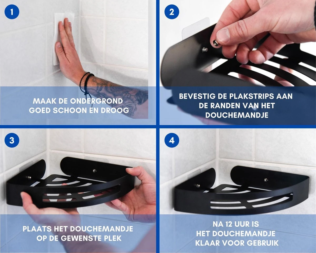 Doucherek Zonder Boren Badkamer Accessoires Zelfklevend | Douchemandje | Badrek | Douche Rek Zwart | Hoekrek Hangend | Blueplato® 6 Doucherek Zonder Boren Badkamer Accessoires Zelfklevend | Douchemandje | Badrek | Douche Rek Zwart | Hoekrek Hangend | Blueplato® - Afbeelding 6