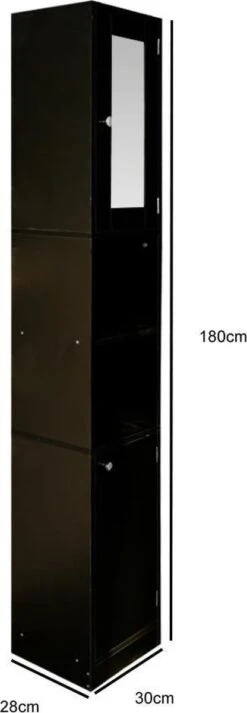 Badkamerkast - Kolomkast Badkamer Slaapkamer Of Hal - Met Spiegel - 180 Cm Hoog - Zwart -Badkamerartikelen Winkel 416x1200